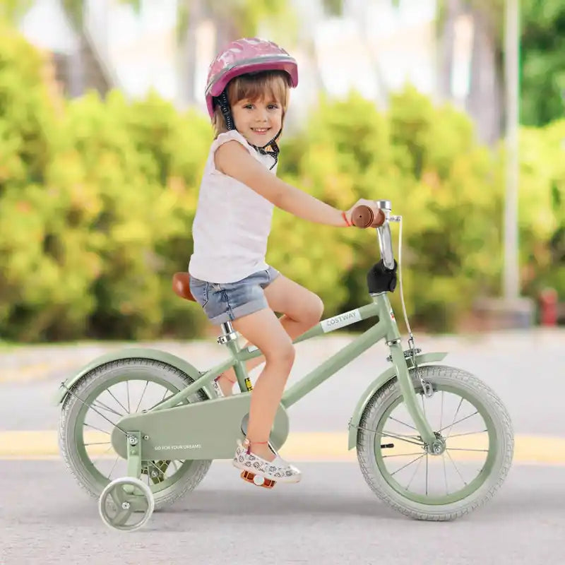 Vélo Enfant 14 Pouces avec Selle Guidon Réglables Roues Stabilisatrices Amovibles Frein à Main Vert