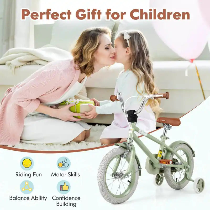 Vélo Enfant 14 Pouces avec Selle Guidon Réglables Roues Stabilisatrices Amovibles Frein à Main Vert