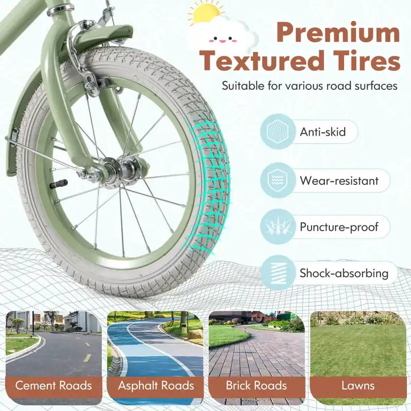 Vélo Enfant 14 Pouces avec Selle Guidon Réglables Roues Stabilisatrices Amovibles Frein à Main Vert