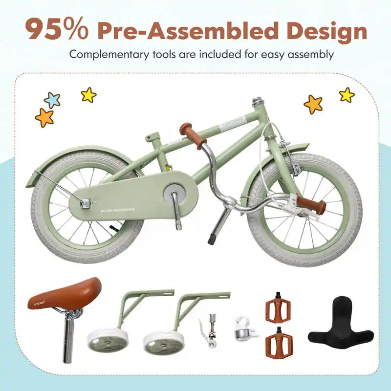 Vélo Enfant 14 Pouces avec Selle Guidon Réglables Roues Stabilisatrices Amovibles Frein à Main Vert
