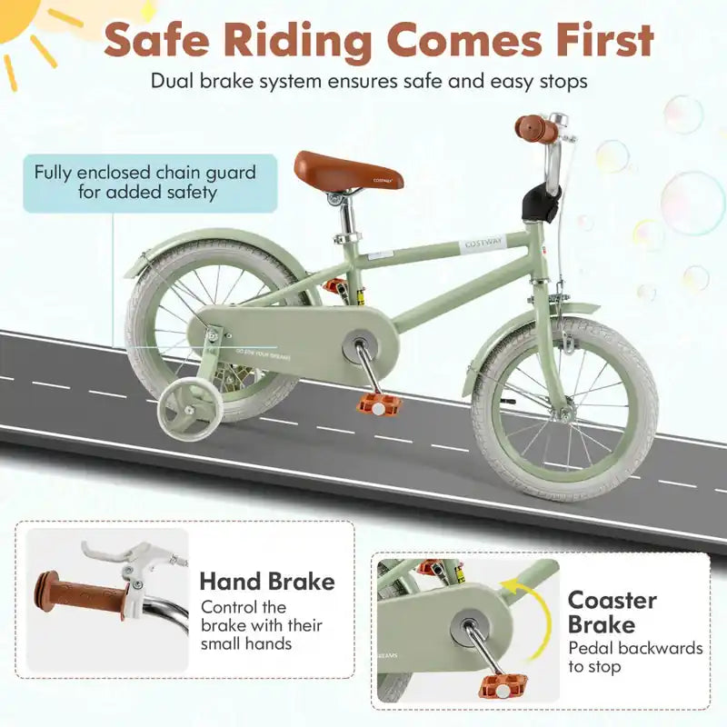 Vélo Enfant 14 Pouces avec Selle Guidon Réglables Roues Stabilisatrices Amovibles Frein à Main Vert