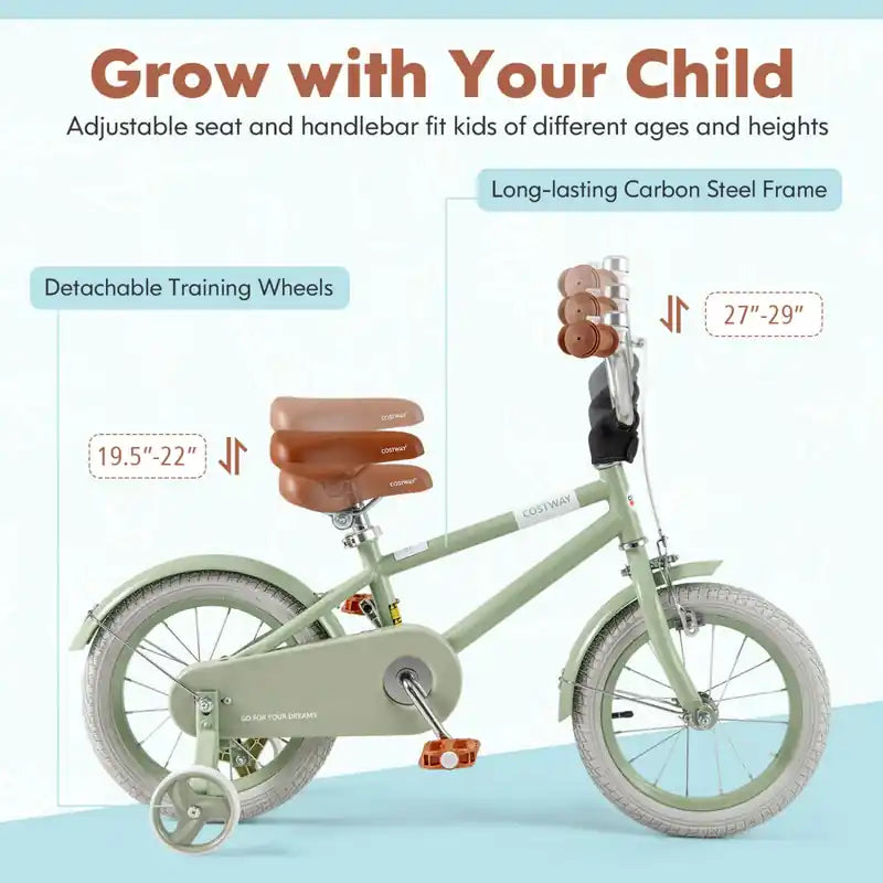 Vélo Enfant 14 Pouces avec Selle Guidon Réglables Roues Stabilisatrices Amovibles Frein à Main Vert