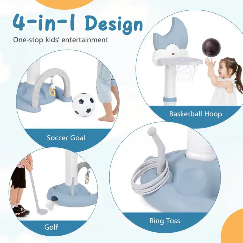 Panier de basket 4-en-1 pour tout-petits avec jeux de basket, football, golf et lancer d'anneaux